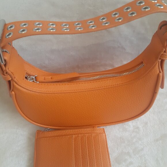 2 PC URBAN OUTFITTERS PURSE PEBBLED LEATHER ORANGE HANDBAG BUCKLE STRAP & WALLET - Picture 3 of 6